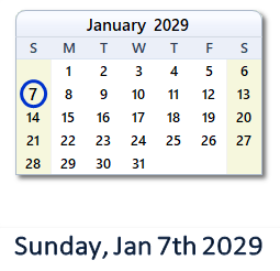 January 7, 2029 calendar