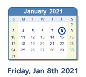 January 8, 2021 calendar