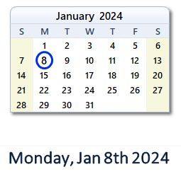 8 January 2024 calendar