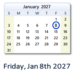 January 8, 2027 calendar