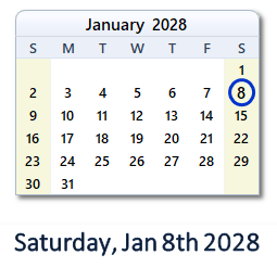January 8, 2028 calendar