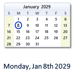 January 8, 2029 calendar