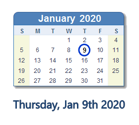 January 9, 2020 calendar