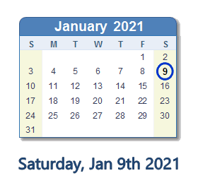 January 9, 2021 calendar