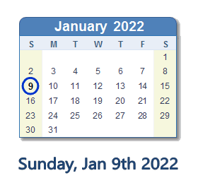 January 9, 2022 calendar