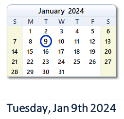 9 January 2024 calendar