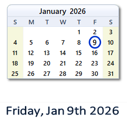 9 January 2026 calendar