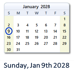 January 9, 2028 calendar