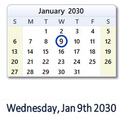 January 9, 2030 calendar