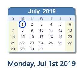 July 1, 2019 calendar