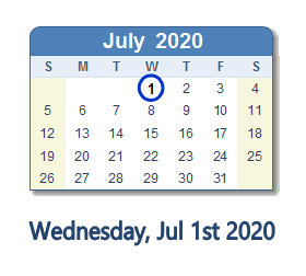 July 1, 2020 calendar