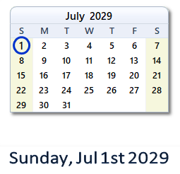 July 1, 2029 calendar