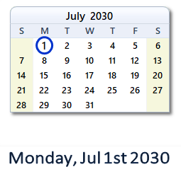July 1, 2030 calendar