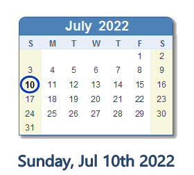 10 July 2022 calendar