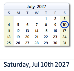 10 July 2027 calendar