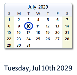 July 10, 2029 calendar