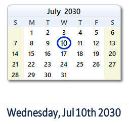 July 10, 2030 calendar