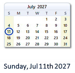 11 July 2027 calendar