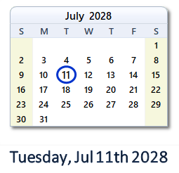 July 11, 2028 calendar