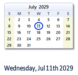 July 11, 2029 calendar