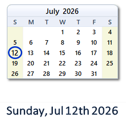 12 July 2026 calendar