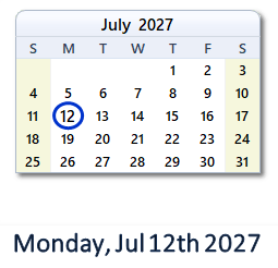 12 July 2027 calendar