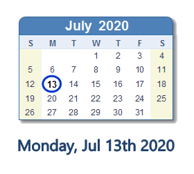 July 13, 2020 calendar