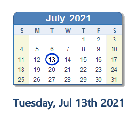 July 13, 2021 calendar