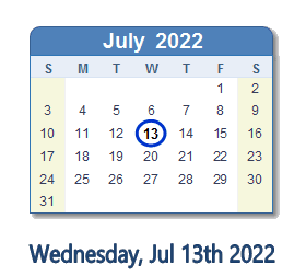 13 July 2022 calendar