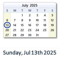 13 July 2025 calendar