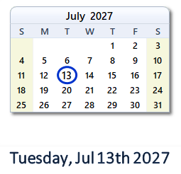 July 13, 2027 calendar