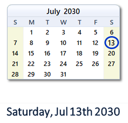 July 13, 2030 calendar