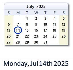 14 July 2025 calendar