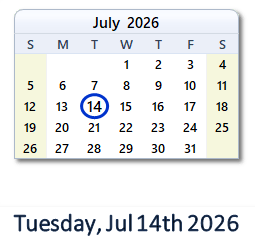 14 July 2026 calendar