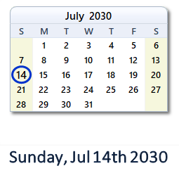 July 14, 2030 calendar