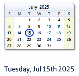 15 July 2025 calendar
