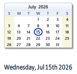 15 July 2026 calendar