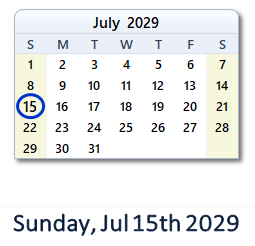 July 15, 2029 calendar