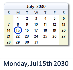 July 15, 2030 calendar