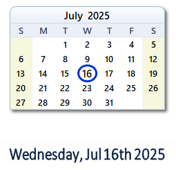 16 July 2025 calendar