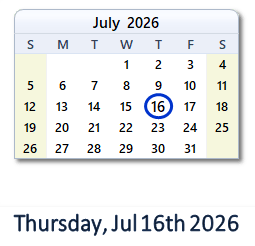 16 July 2026 calendar