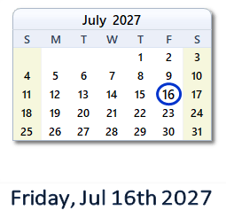 July 16, 2027 calendar
