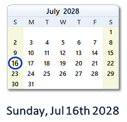 July 16, 2028 calendar