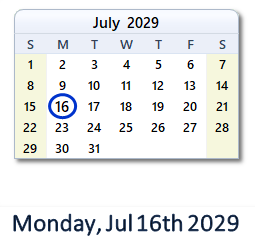 July 16, 2029 calendar