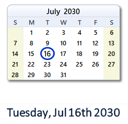 July 16, 2030 calendar