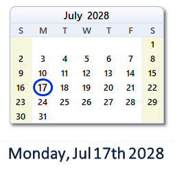 July 17, 2028 calendar