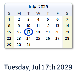 July 17, 2029 calendar