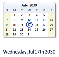 July 17, 2030 calendar