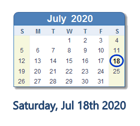 July 18, 2020 calendar