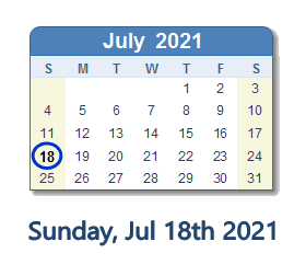 July 18, 2021 calendar